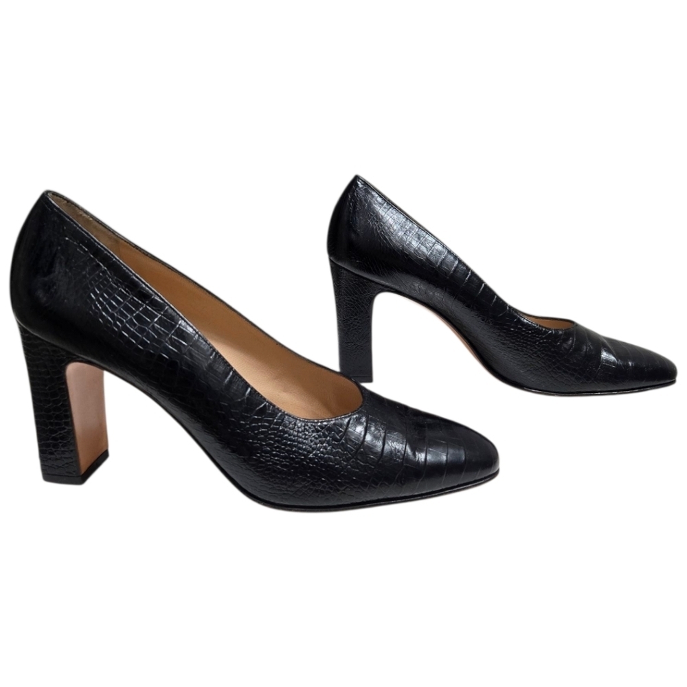Salvatore Ferragamo Black Pumps Size 9 AA Leather Croc Embossed Heels Italy - Picture 14 of 15